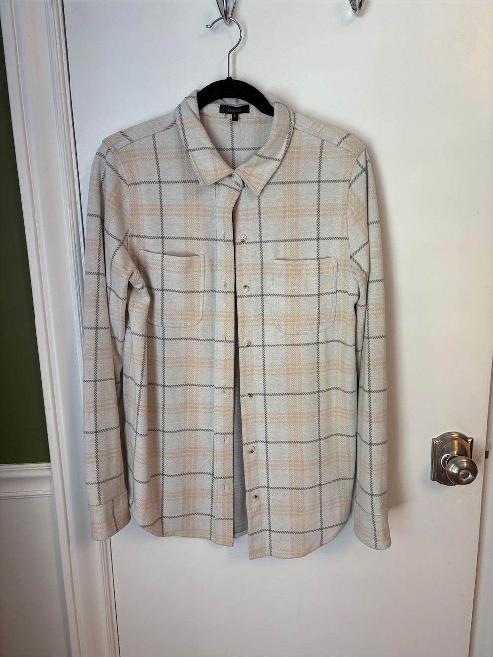 Quince Cream and Gray Plaid Button-Down Shirt